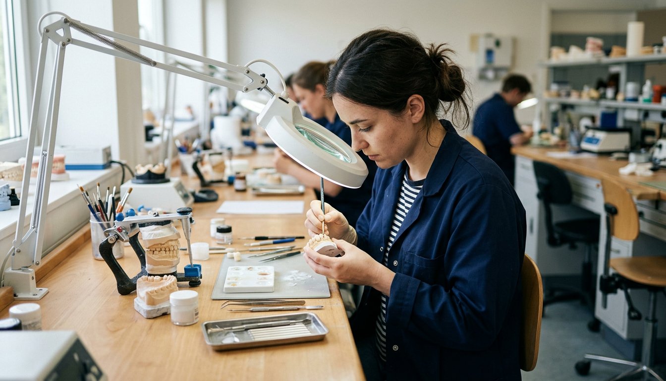 Zahntechnikerin in Ausbildung modelliert unter der Lupenleuchte eine Keramikkrone