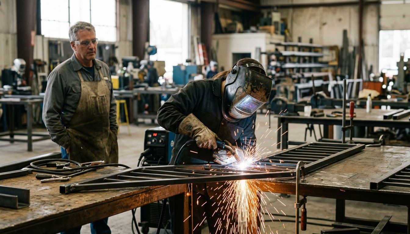Auszubildender Metallbauer schweißt in der Werkstatt ein Treppengeländer aus Stahl