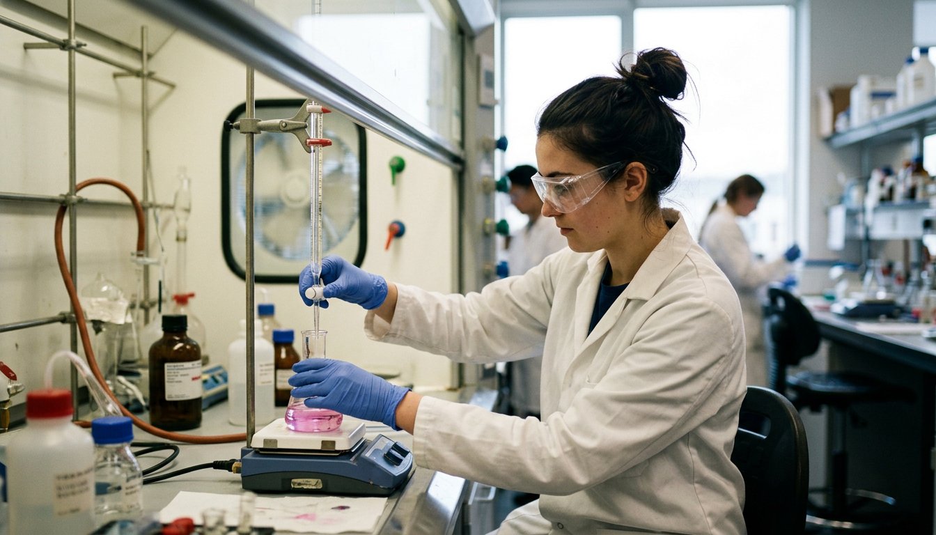 Auszubildender Chemielaborant führt unter dem Abzug eine Titration mit der Bürette durch