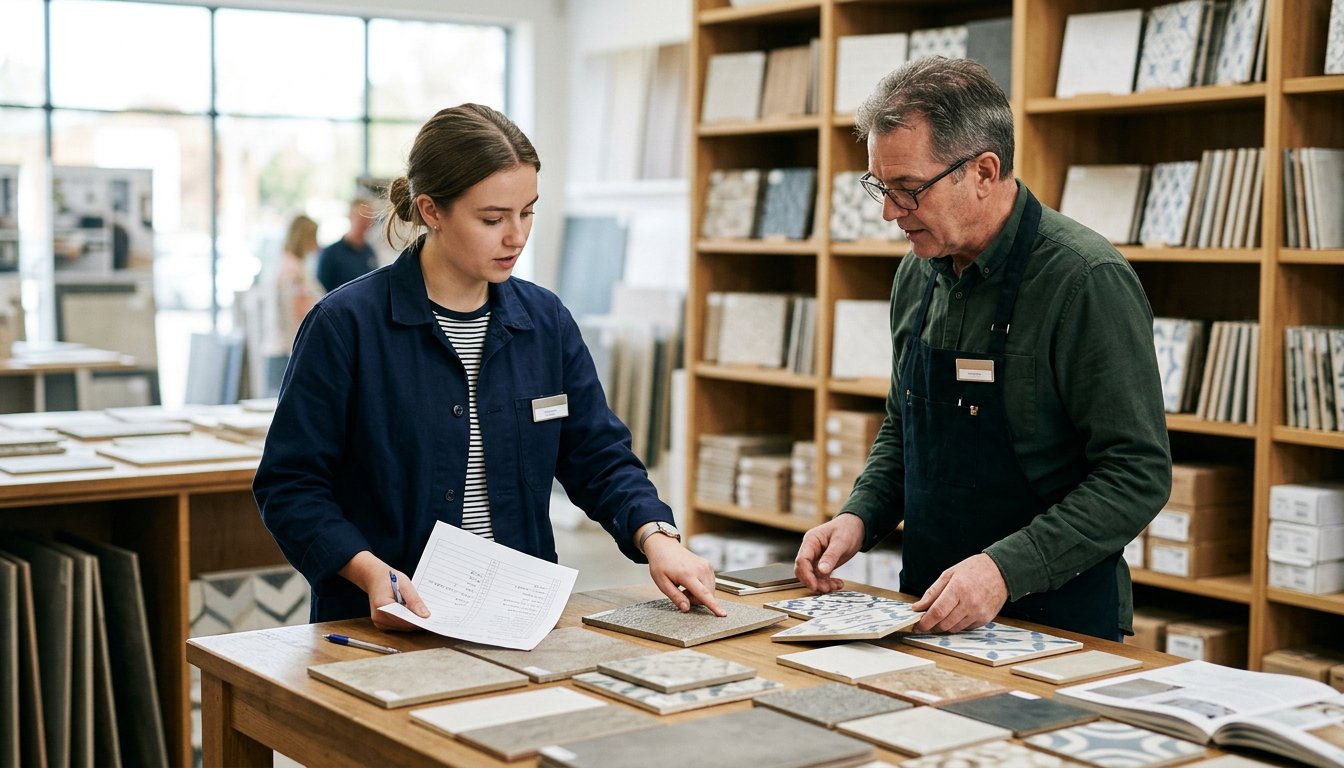 Auszubildende im Großhandel prüft mit einem Lieferanten Warenmuster im Ausstellungsraum