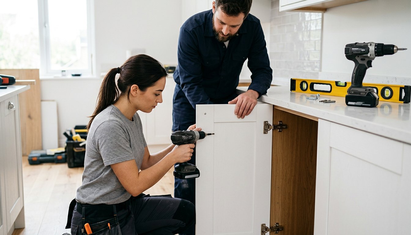 Auszubildender im Möbel- und Küchenservice montiert eine Schranktür an einer neuen Küche
