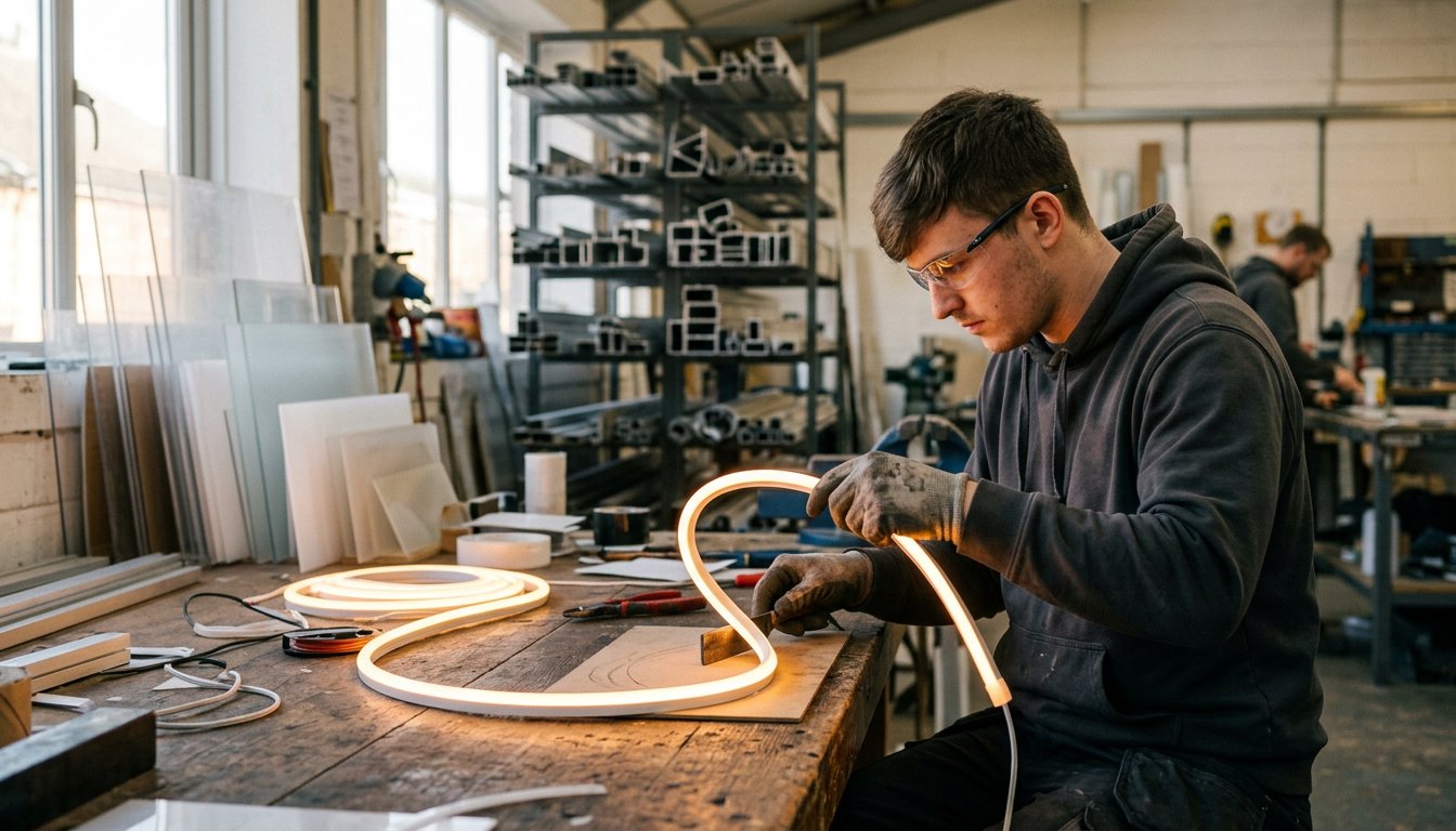 Auszubildender Schilder- und Lichtreklamehersteller formt in der Werkstatt eine leuchtende LED-Röhre
