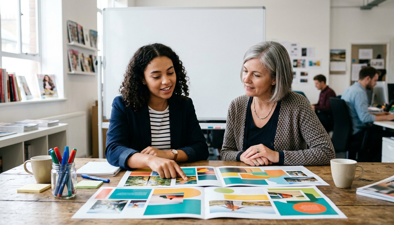 Auszubildende Medienkaufleute besprechen im Verlagsbüro Druckfahnen und die Anzeigenplanung