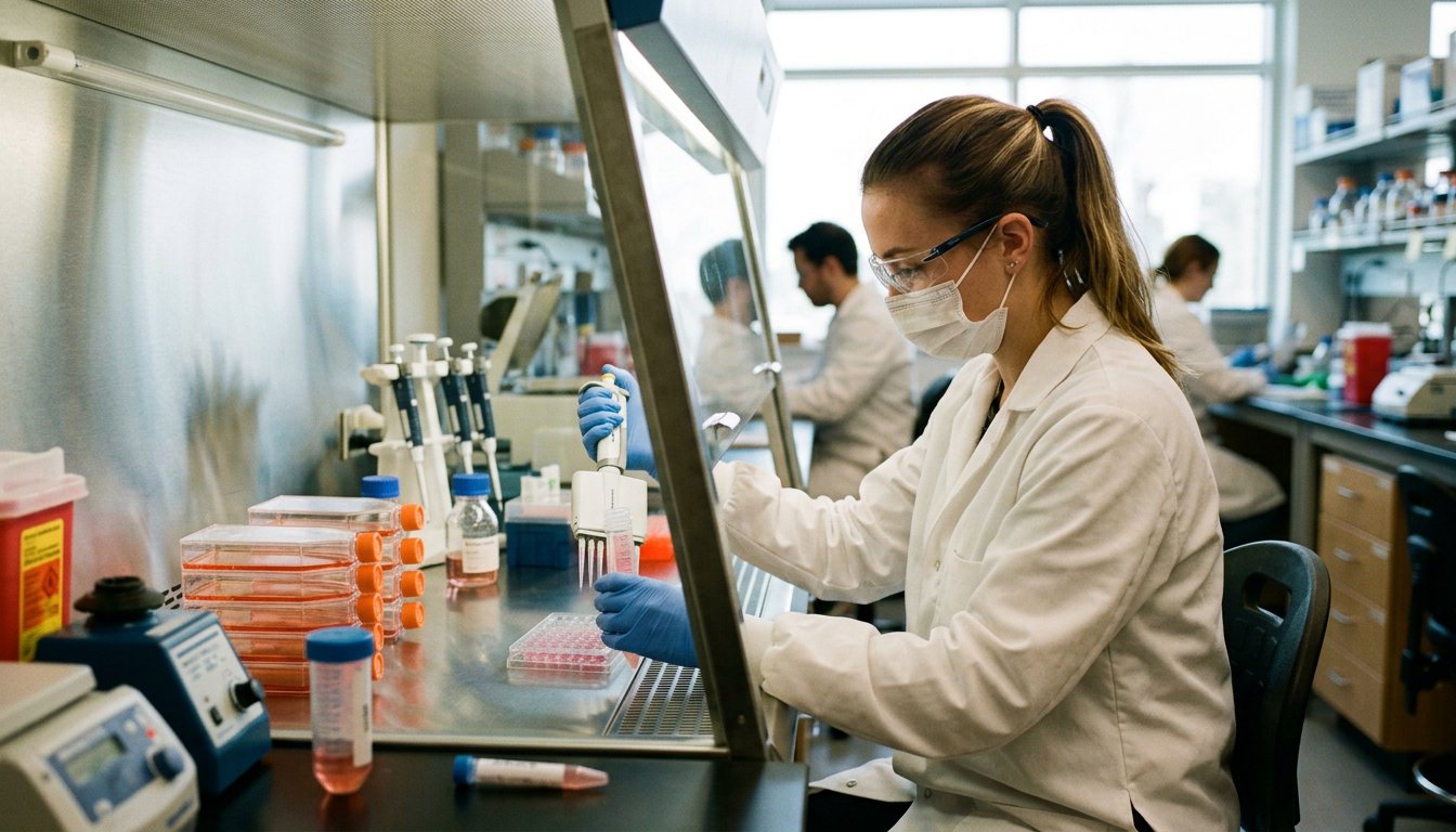 Biologielaborantin in Ausbildung pipettiert an der Sicherheitswerkbank Nährmedium in Petrischalen