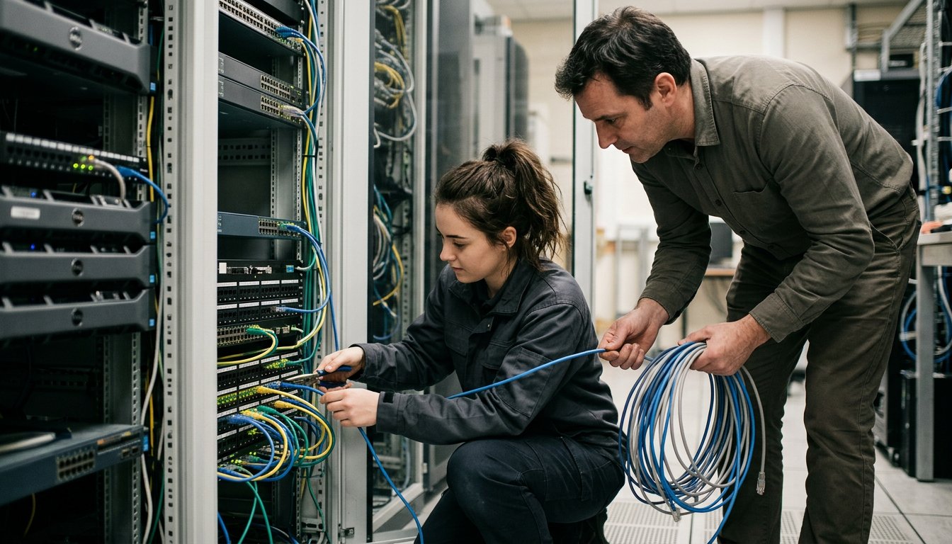 Auszubildende Fachinformatikerin verkabelt im Serverraum ein Patchpanel im Netzwerkschrank