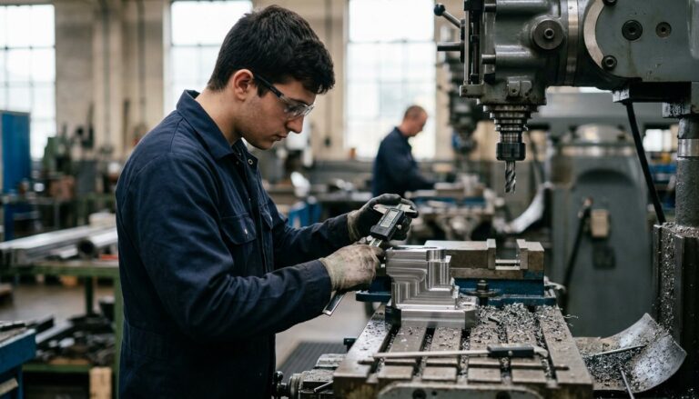 Auszubildender Zerspanungsmechaniker misst an der Fräsmaschine ein Stahlteil mit dem Messschieber