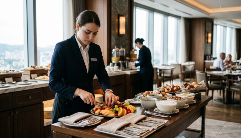 Auszubildende im Hotelfach richtet im Hotelrestaurant das Frühstücksbuffet mit frischem Obst an