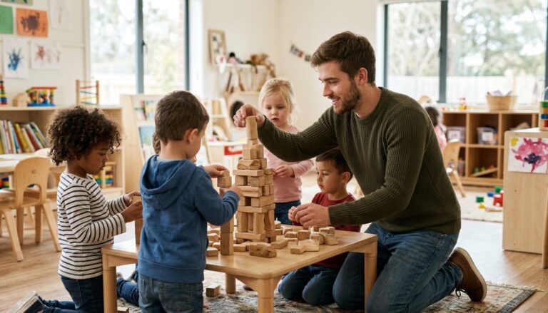Angehender Erzieher baut in einer Kita mit Kindern einen Turm aus Holzklötzen