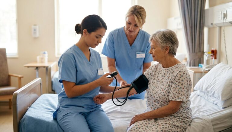 Auszubildende in der Gesundheits- und Krankenpflege misst einem älteren Patienten den Blutdruck