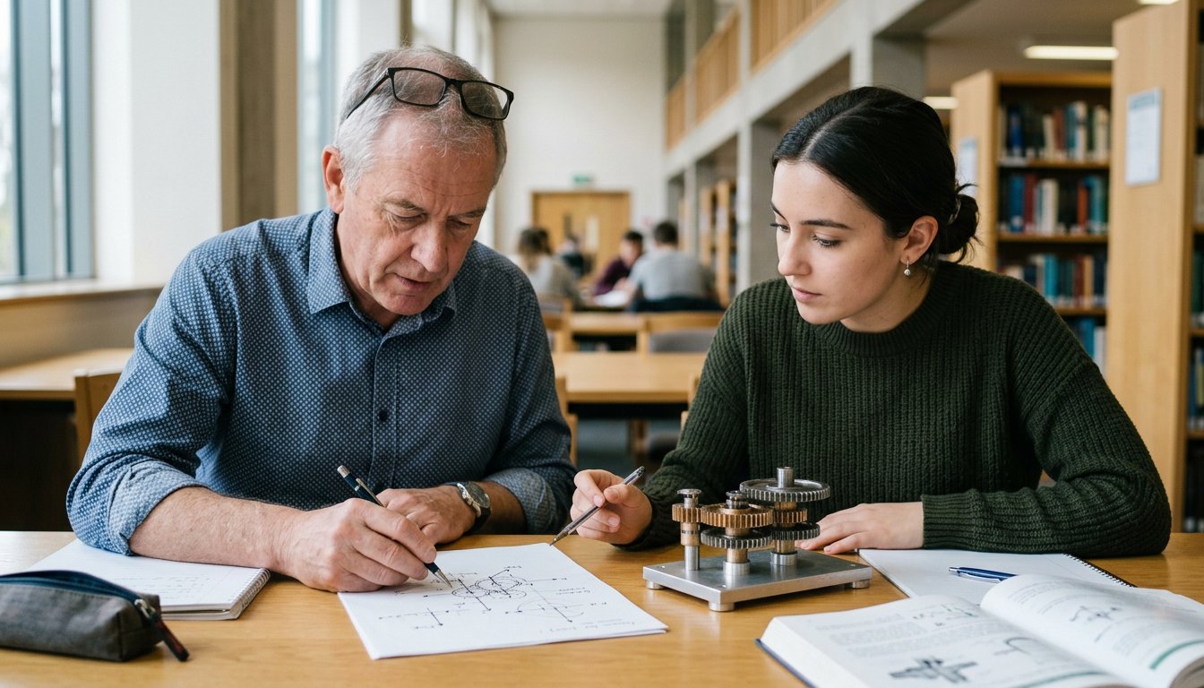 Tutor erklärt einem Maschinenbaustudenten in Potsdam eine Zahnradmechanik anhand einer Skizze