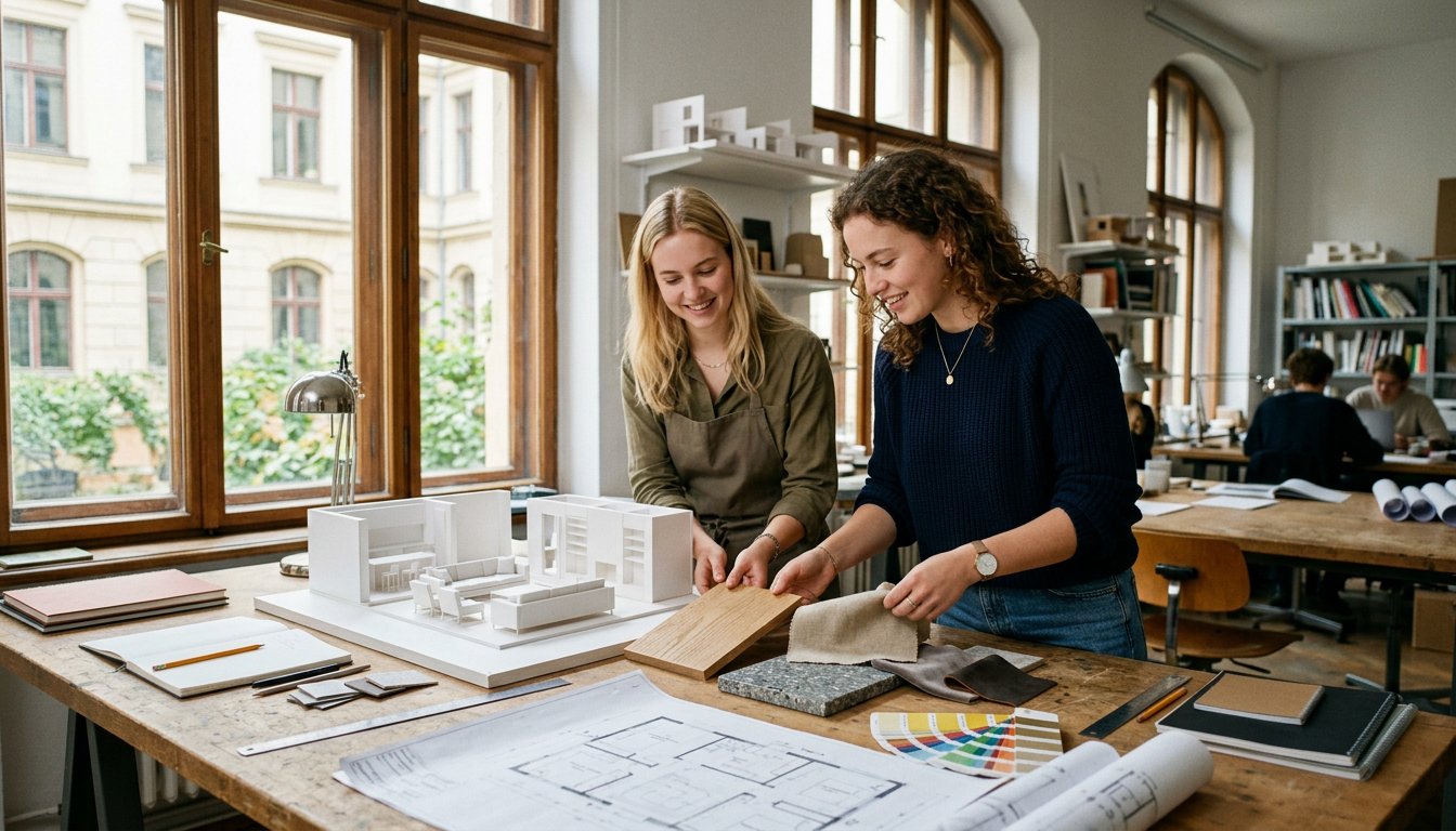 Zwei Studierende der Innenarchitektur arbeiten im Atelier mit Materialproben und einem Raummodell