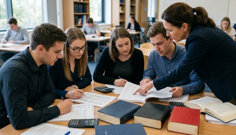 Studierende arbeiten im Seminar mit Gesetzestexten und Bilanzen auf dem Weg zum Steuerberater