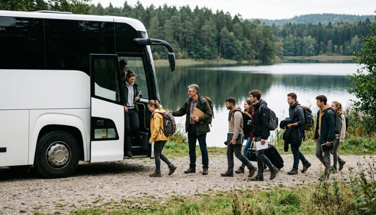 Studierendengruppe steigt an einem Brandenburger See für eine Exkursion aus dem Reisebus