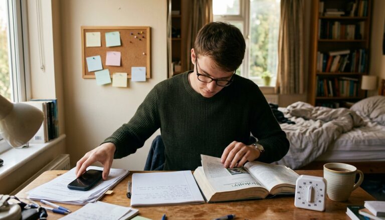 Student legt sein Smartphone umgedreht beiseite und beginnt am Schreibtisch mit dem Lernen
