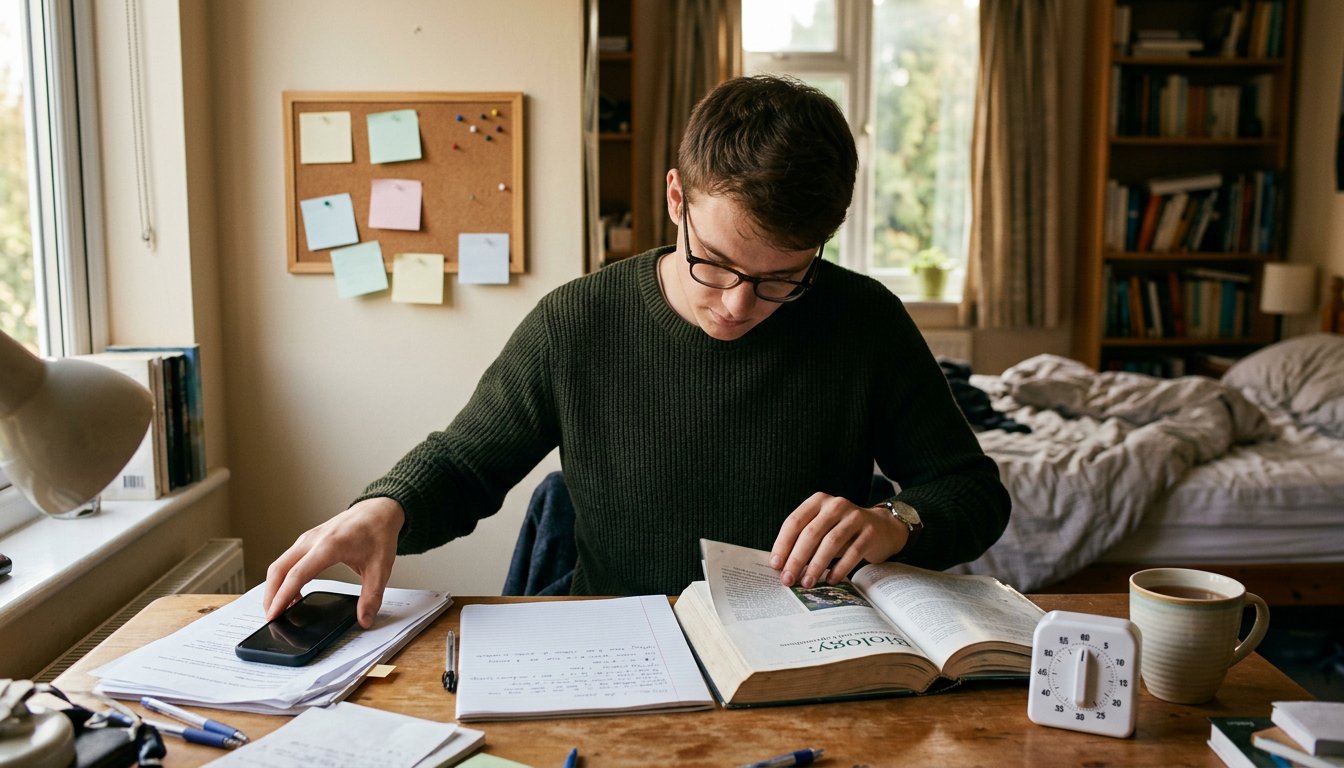 Student legt sein Smartphone umgedreht beiseite und beginnt am Schreibtisch mit dem Lernen