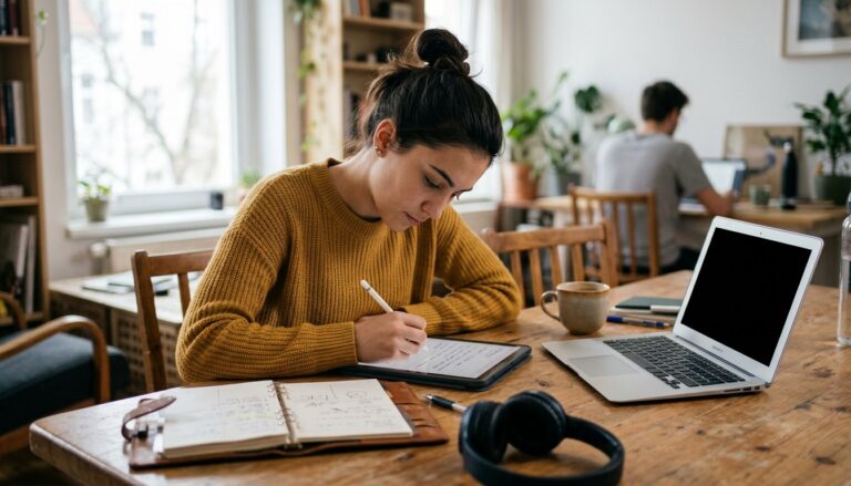 Studentin arbeitet am Schreibtisch mit Tablet, Stift, Laptop und Planer für ihr Studium