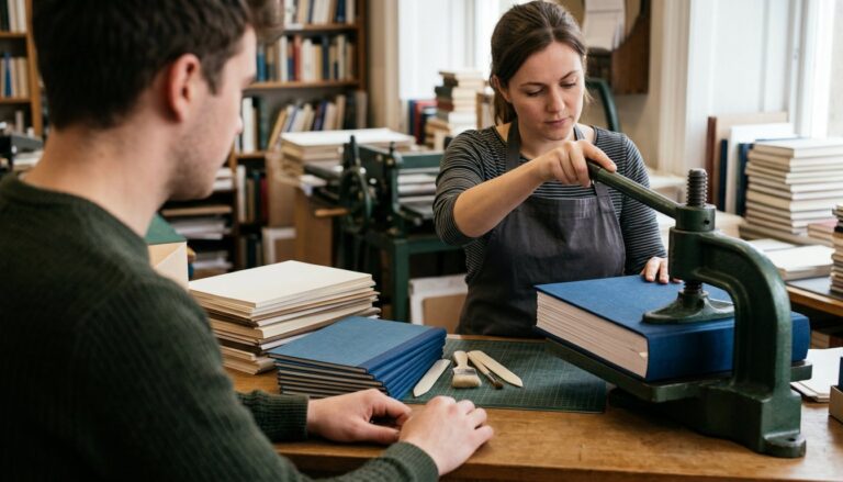Mitarbeiter einer Copyshop-Werkstatt bindet eine Bachelorarbeit in einen dunkelblauen Hardcover-Einband