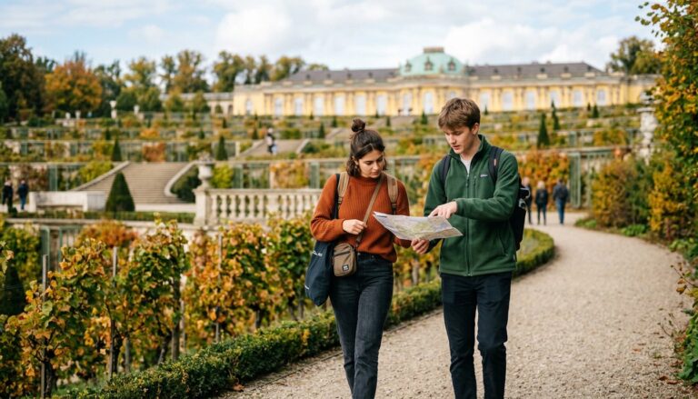 Zwei Studierende spazieren durch die Terrassengärten unterhalb von Schloss Sanssouci in Potsdam