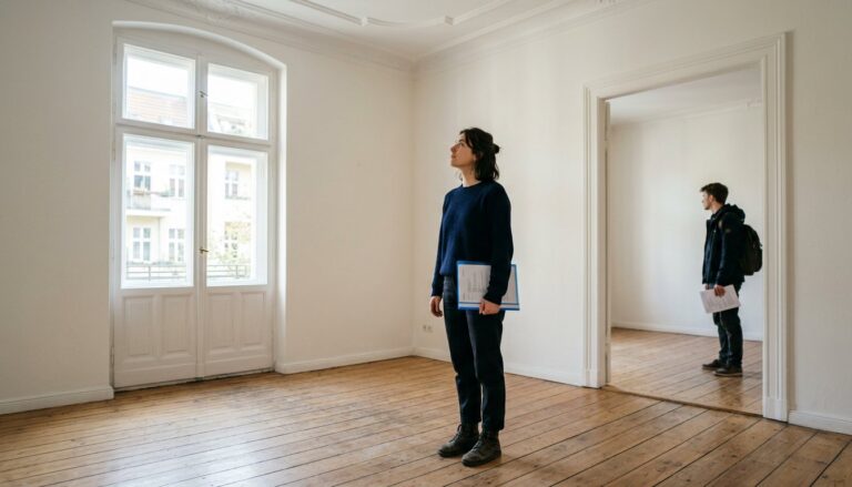 Studentin besichtigt bei der Wohnungssuche in Berlin ein leeres Altbauzimmer mit hohen Fenstern