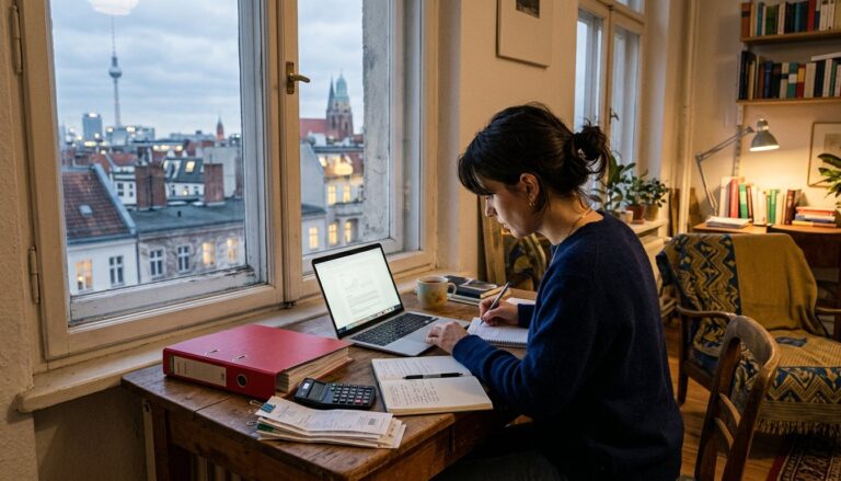 Berufstätige Frau plant am Schreibtisch in einer Berliner Altbauwohnung die Finanzierung ihres Fernstudiums mit Laptop, Ordnern und Taschenrechner