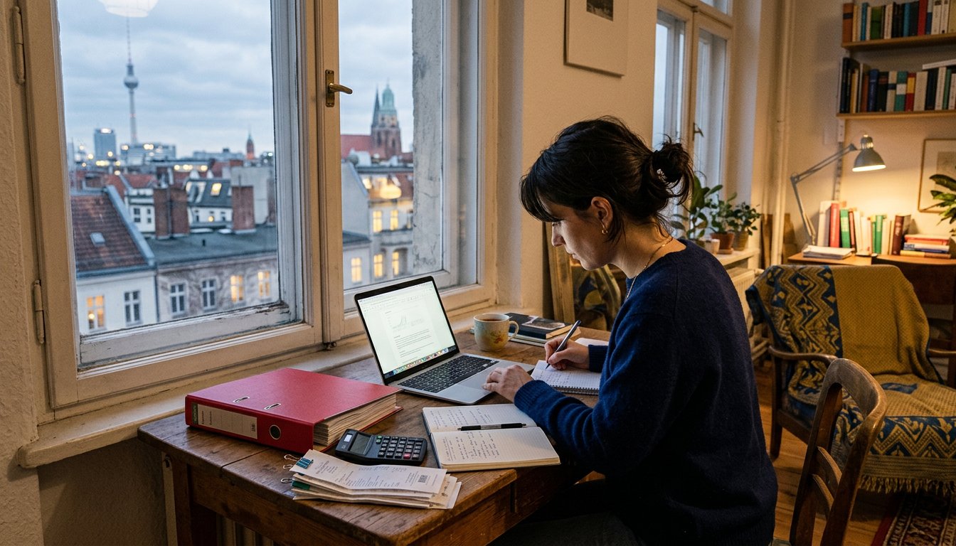 Berufstätige Frau plant am Schreibtisch in einer Berliner Altbauwohnung die Finanzierung ihres Fernstudiums mit Laptop, Ordnern und Taschenrechner